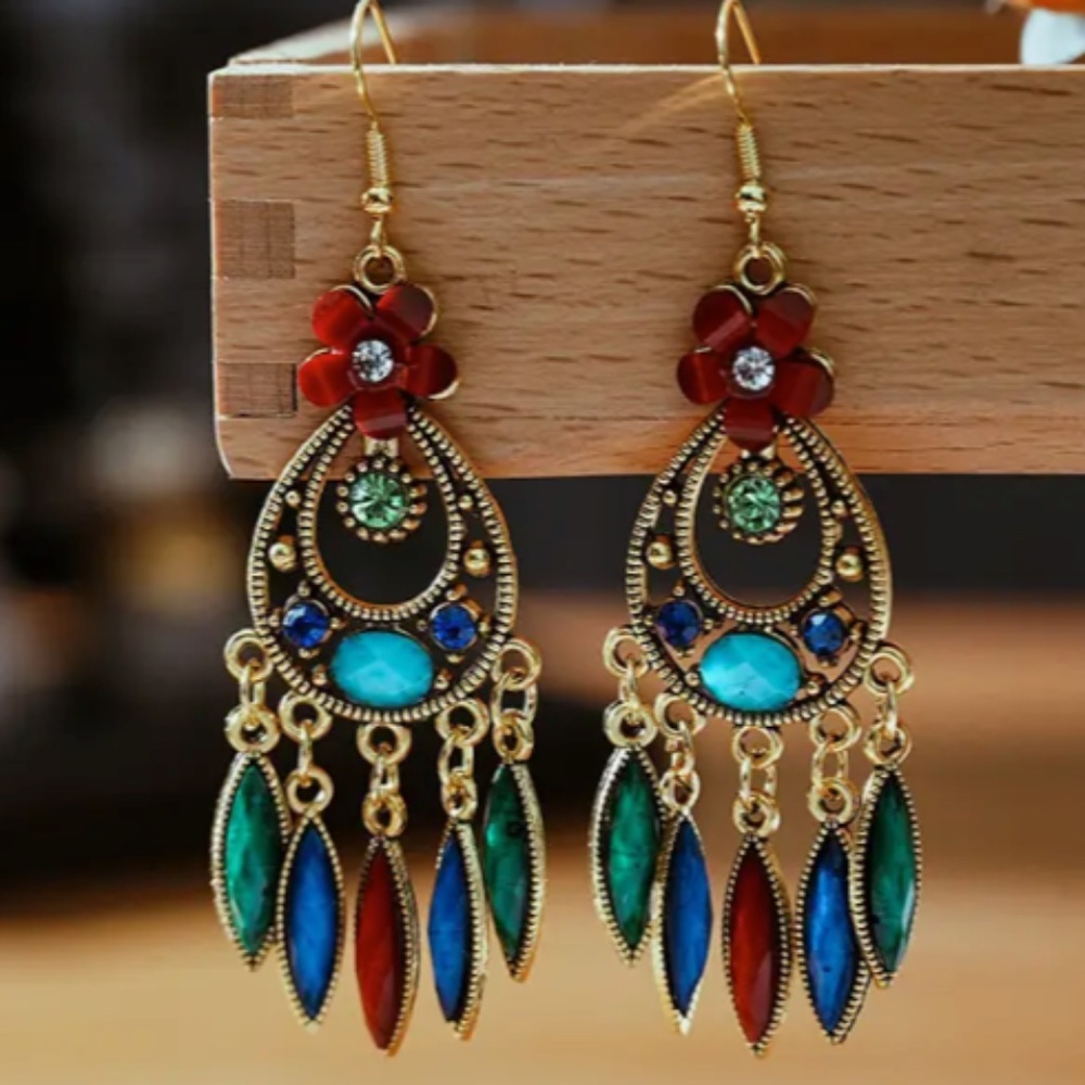 Multicolor Tassel Earrings Vintage Inspired Gold Accents Dangling 2.5 Inches